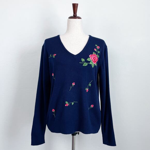 Vintage Lilly Of California Embroidered Floral V-Neck Sweater - Picture 1 of 6